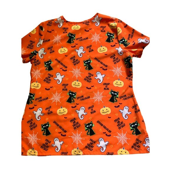 Halloween Spooky Scrub Top Medical Nursing Uniform Print Cats Ghosts Pumpkins - Picture 6 of 8